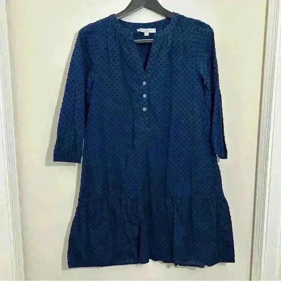 LOFT Navy Blue Dress Textured Dot Ruffle Hem Casual 3/4 Sleeve Size XS - Picture 3 of 9